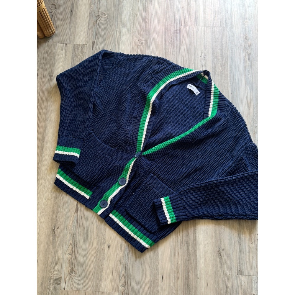 Sonoma Navy Blue Green Varsity Stripe Chunky Knit Grandpacore Cardigan Sweater M